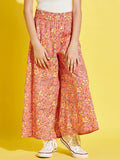 Cherry Jerry Girls Orange Floral Printed Relaxed Pleated Cotton Trousers