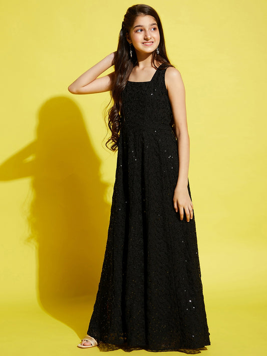 Black Floral Embroidered Ethnic Maxi Dress