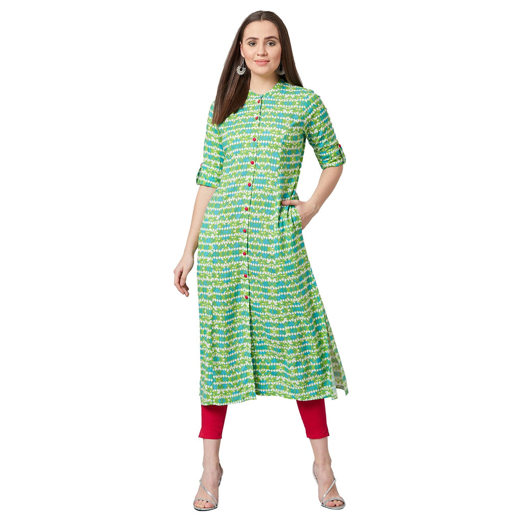Women Green Printed A-Line Kurta