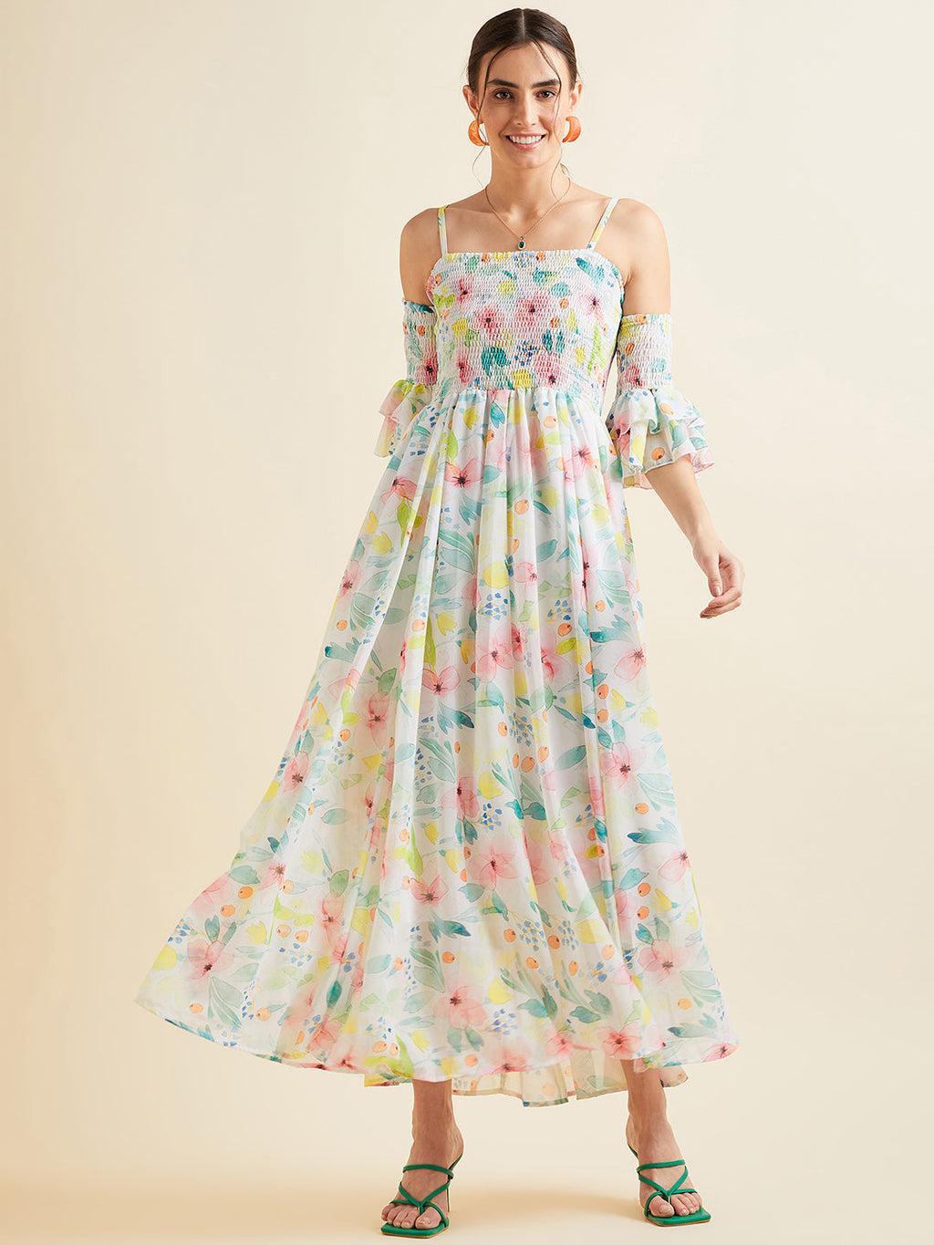 Floral Printed Smocked Off Shoulder Georgette Maxi Dress