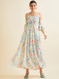 Floral Printed Smocked Off Shoulder Georgette Maxi Dress