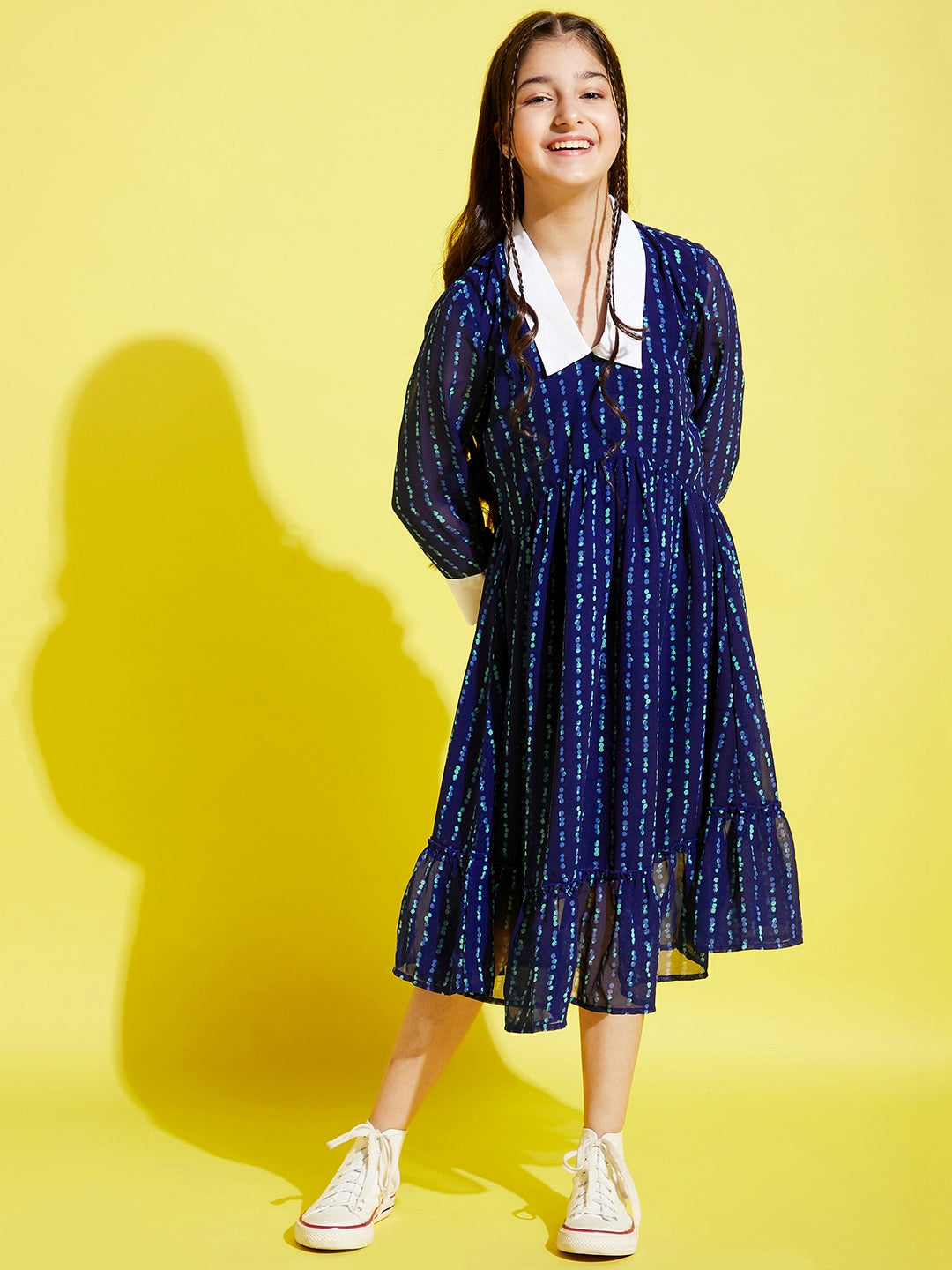 Girls Blue & White Midi Dress