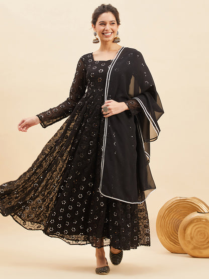 Black Mirror Embroidered Flared Ethnic Dresses With Dupatta