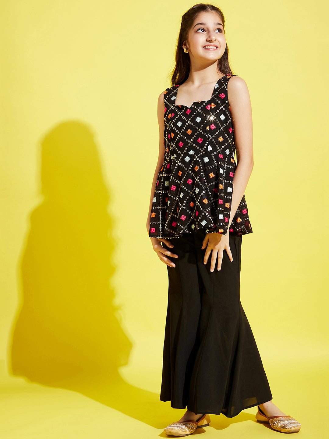 Girls Black & Pink Embroidered A-Line Kurti with Sharara