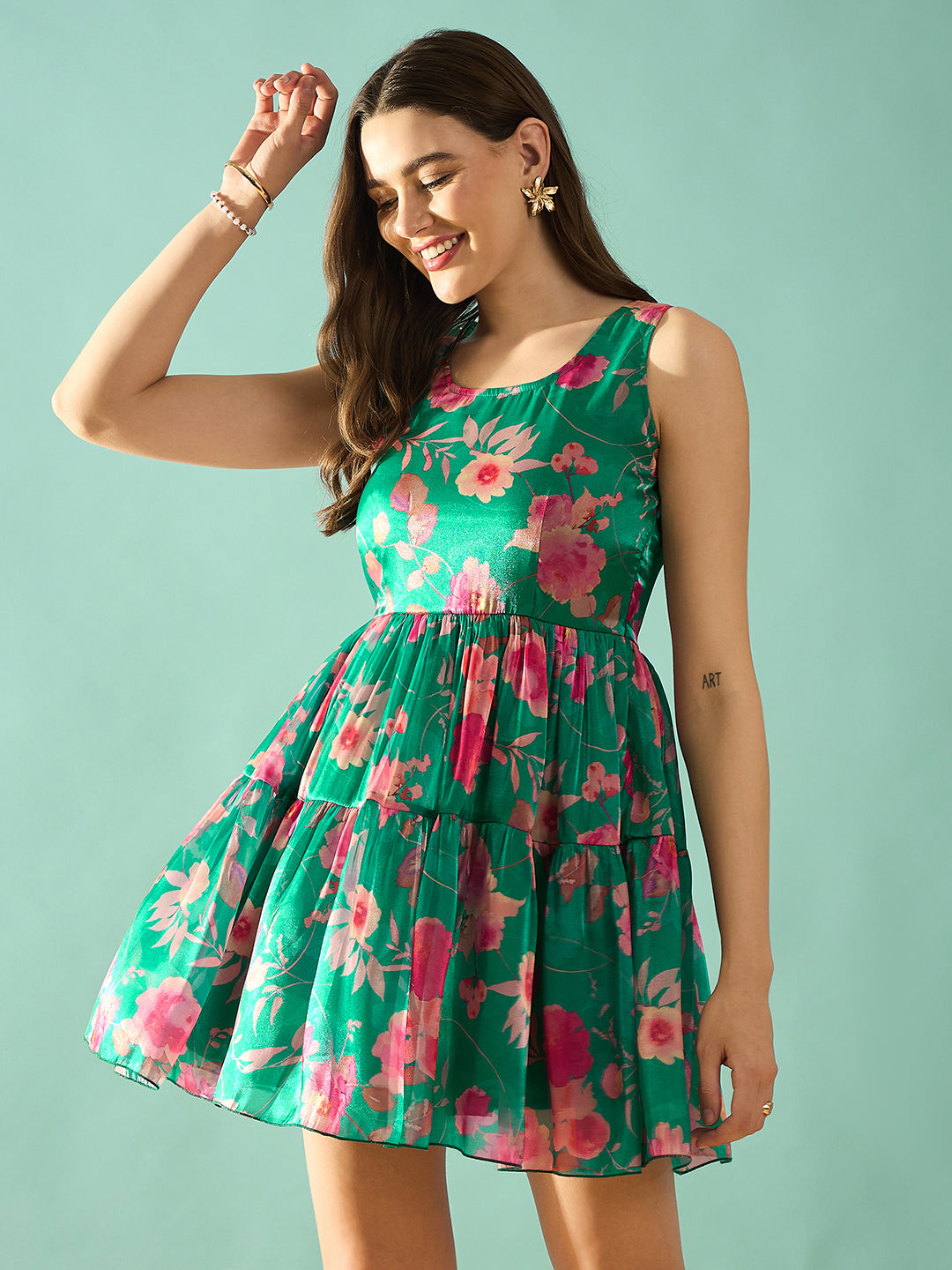 Green Floral Print Fit & Flare Dress