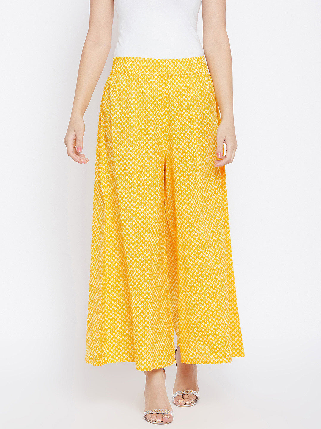 Women Yellow Printed Flared Palazzos