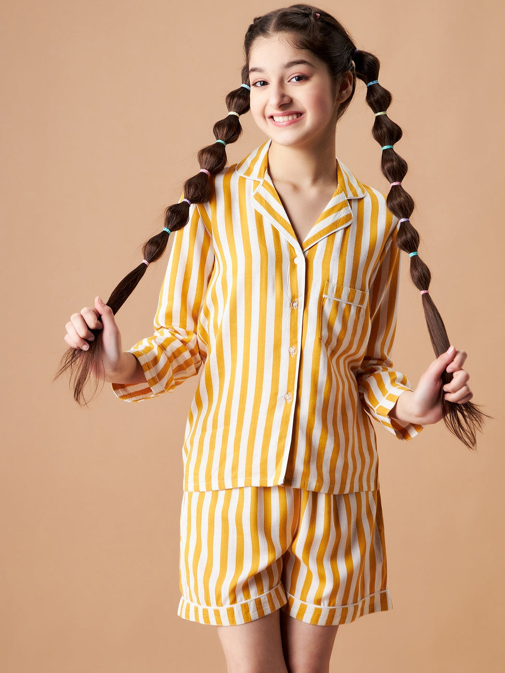 Girls Yellow Striped Shorts Night Suit Sets