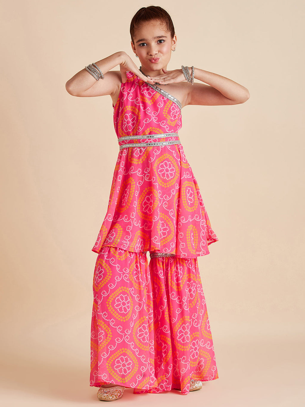 Girls Pink Bandhani Printed Empire Gotta Patti Kurta with Sharara