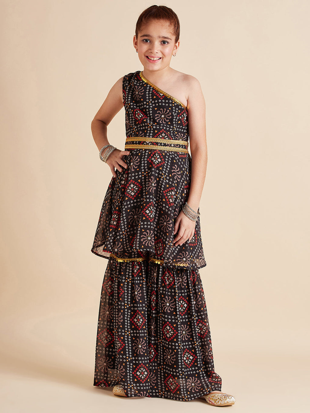 Girls Bandhani Printed Empire Gotta Patti Kurta with Sharara