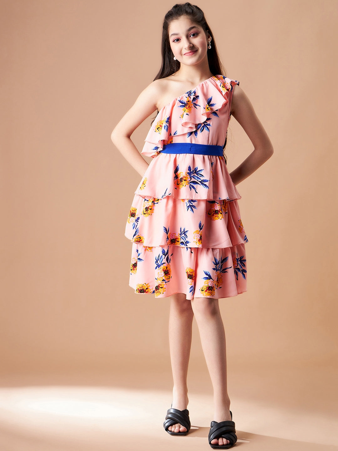 Girls Floral Printed One Shoulder Layered Fit & Flare Dress