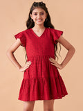 Girls Maroon Flutter Sleeve Fit & Flare Short Dress