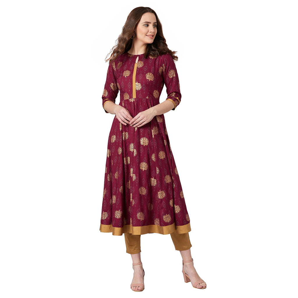 Women Maroon Printed Anarkali Kurta