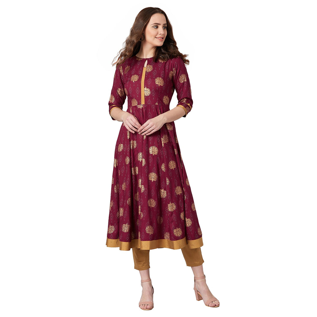 Women Maroon Printed Anarkali Kurta
