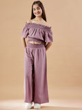 Girls Off-Shoulder Mauve Top with Trousers