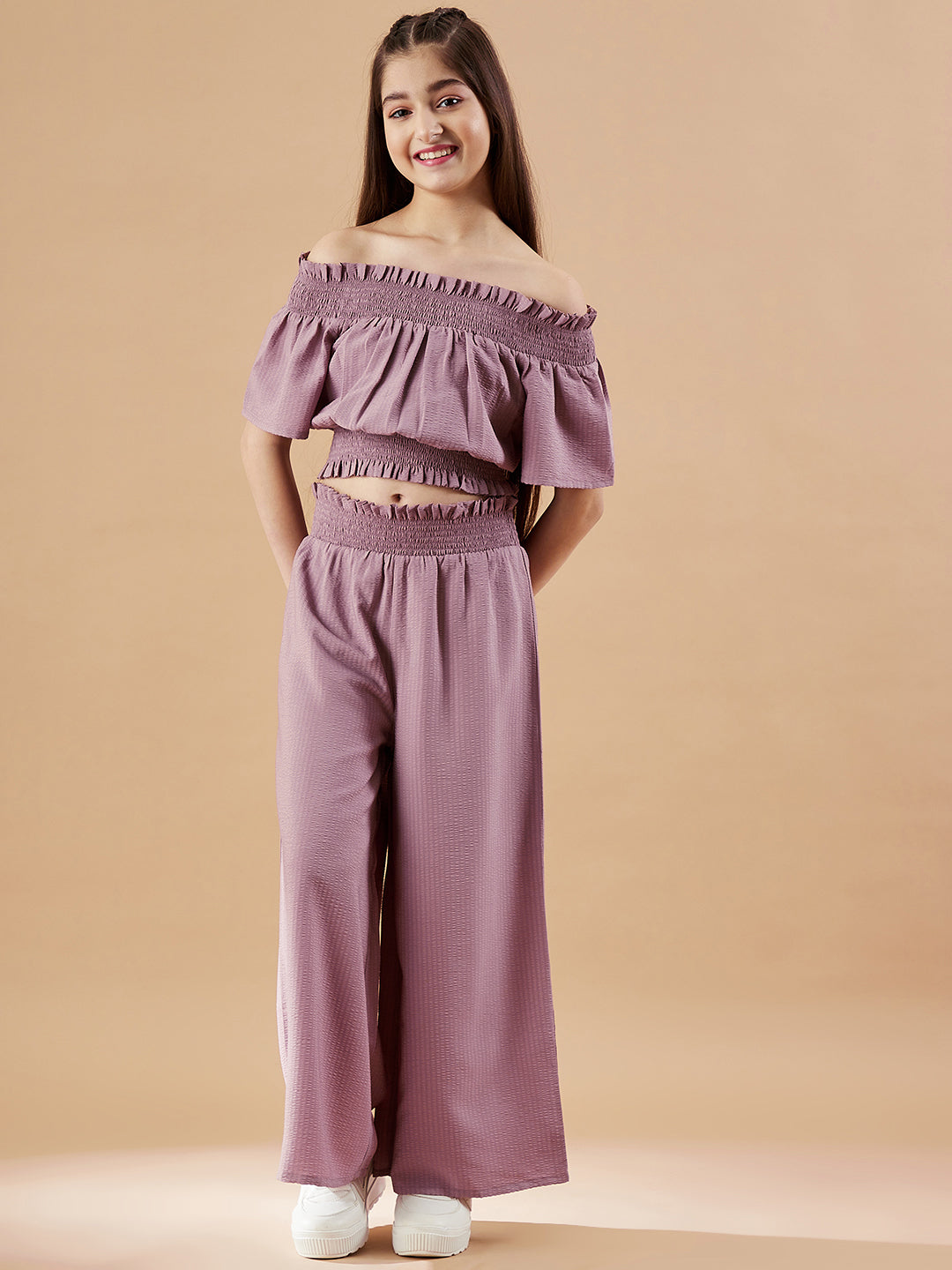 Girls Off-Shoulder Mauve Top with Trousers