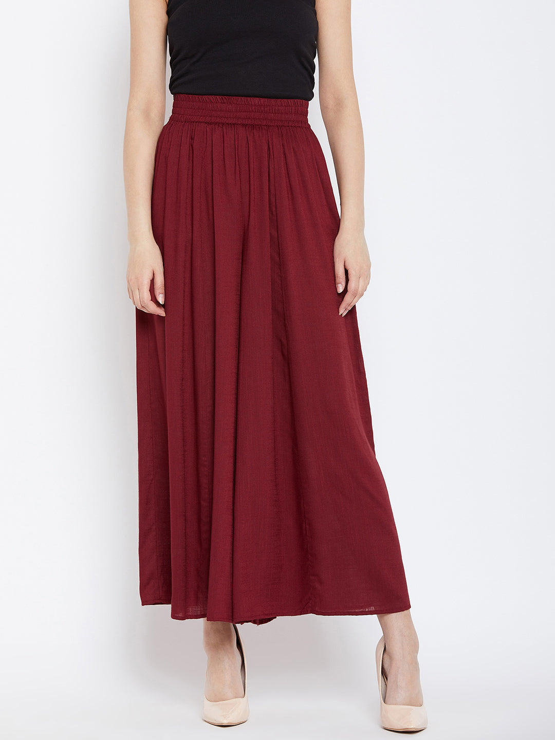 Women Maroon Flared Solid Palazzos