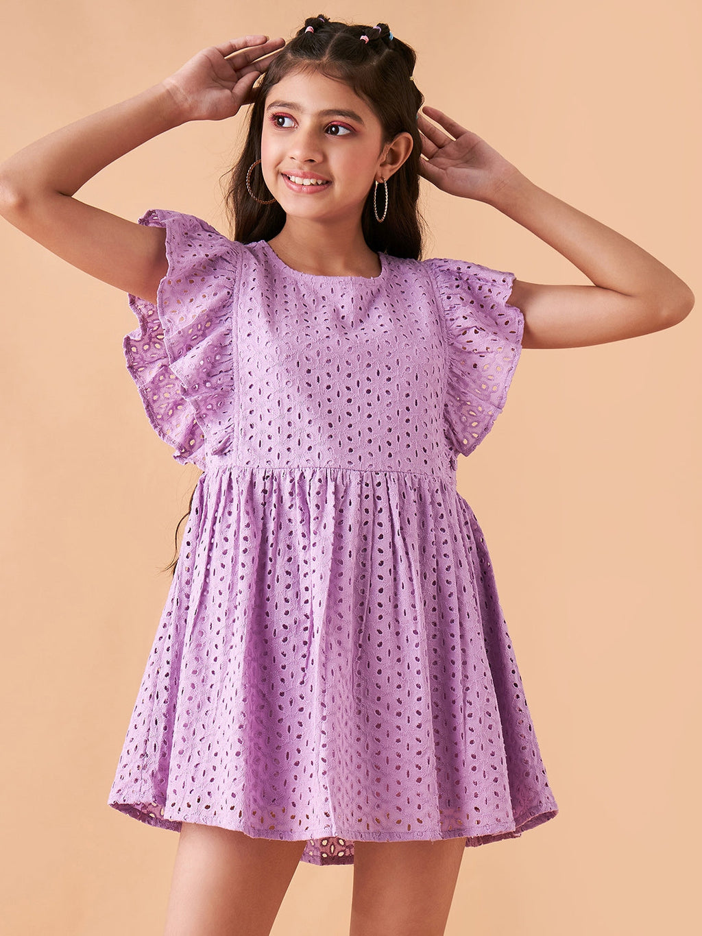 Girls Lavender Flutter Sleeve Fit  Flare Short Dress