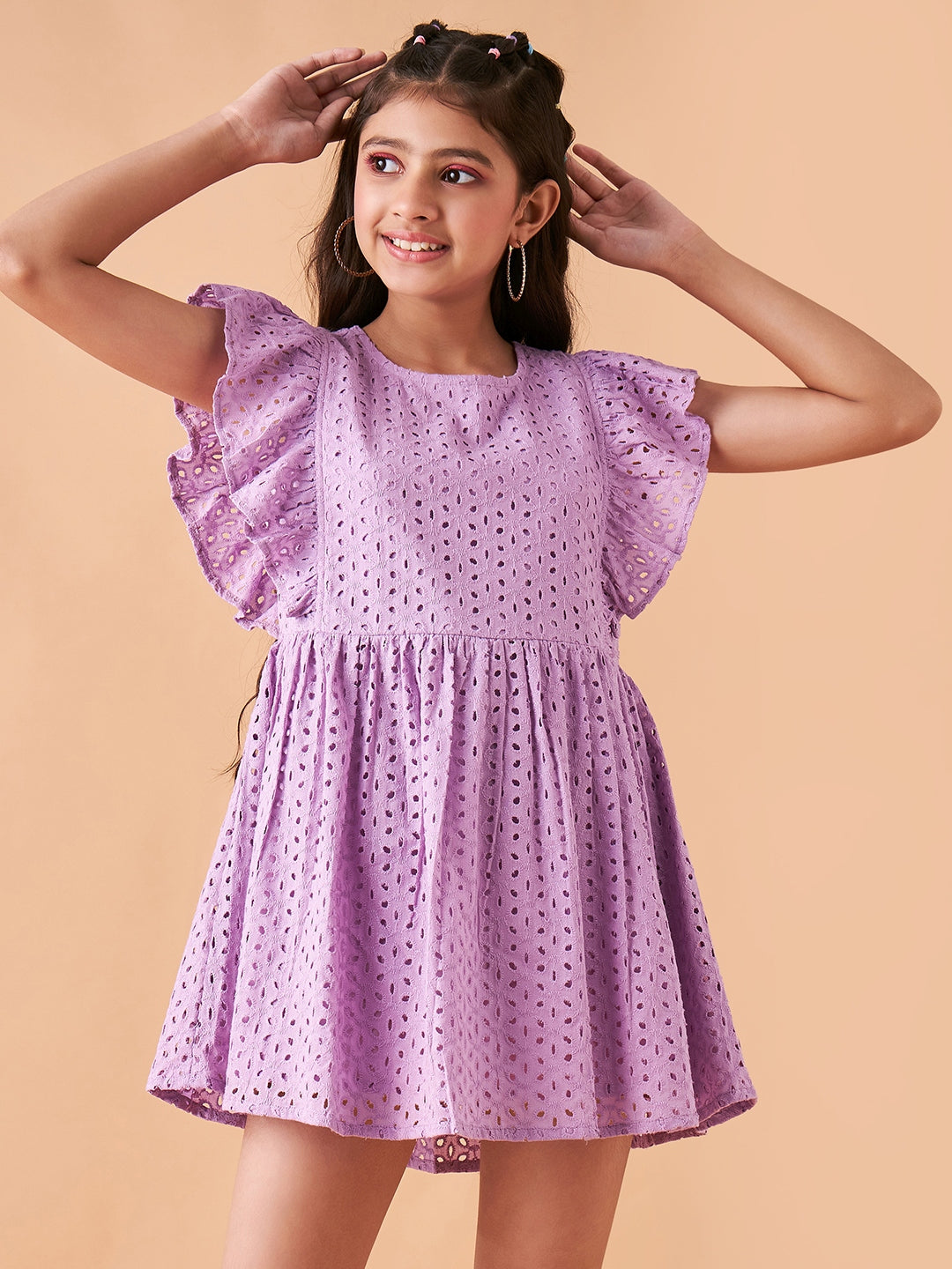 Girls Lavender Flutter Sleeve Fit  Flare Short Dress