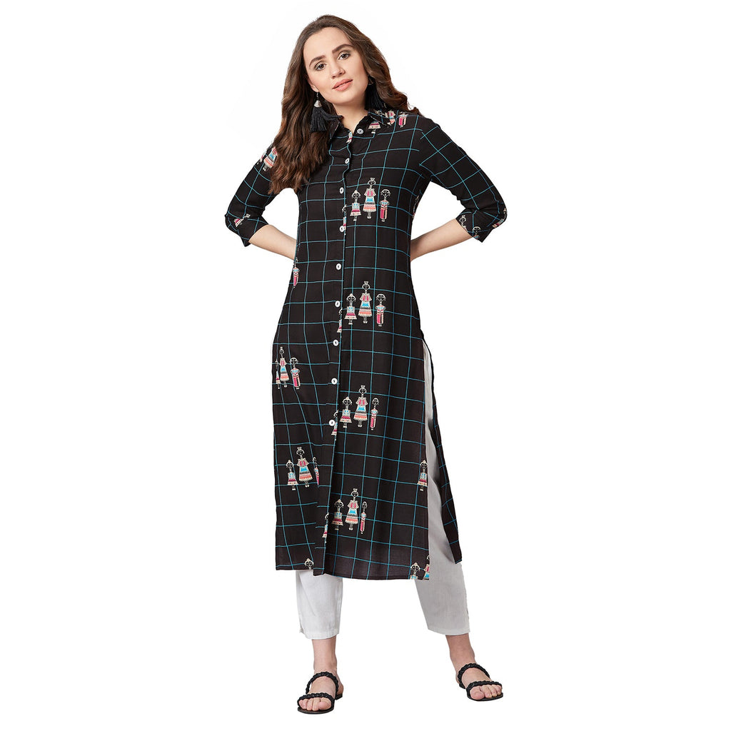 Women Black & Blue Tribal Print Straight Kurta
