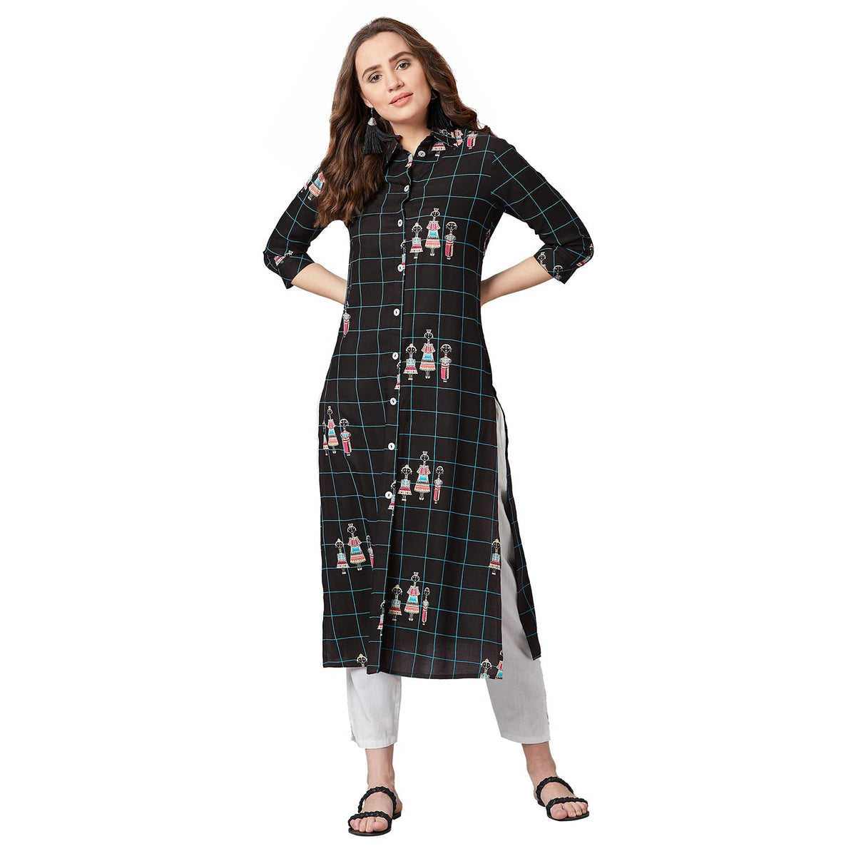 Women Black & Blue Tribal Print Straight Kurta