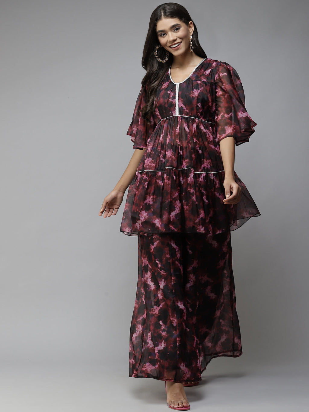 PANIT Women Black Printed Tiered Zardozi Kurti with Palazzos