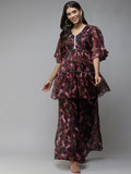 PANIT Women Black Printed Tiered Zardozi Kurti with Palazzos