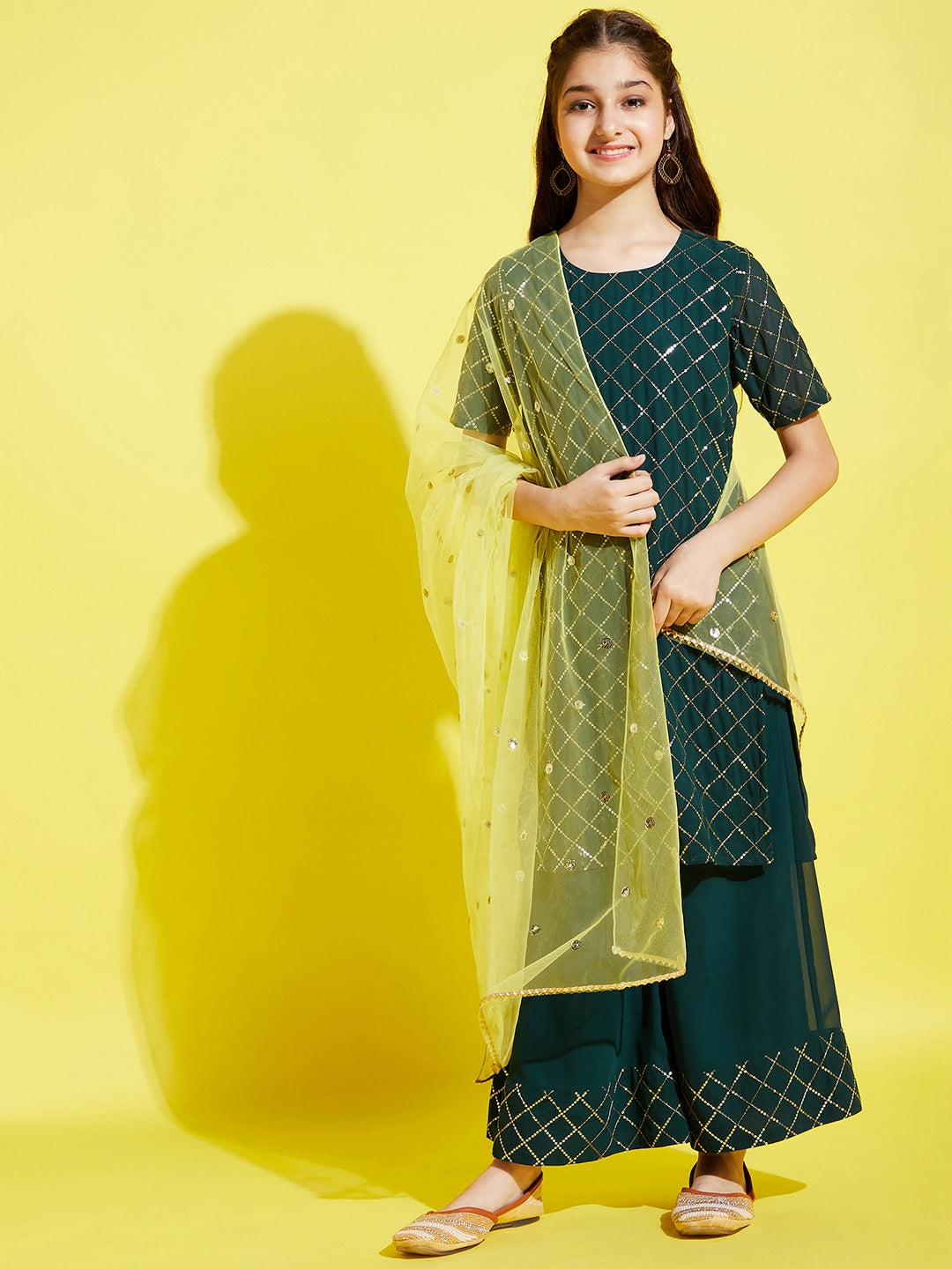 Girls Green Embroidered Straight Kurta with Palazzo & With Dupatta