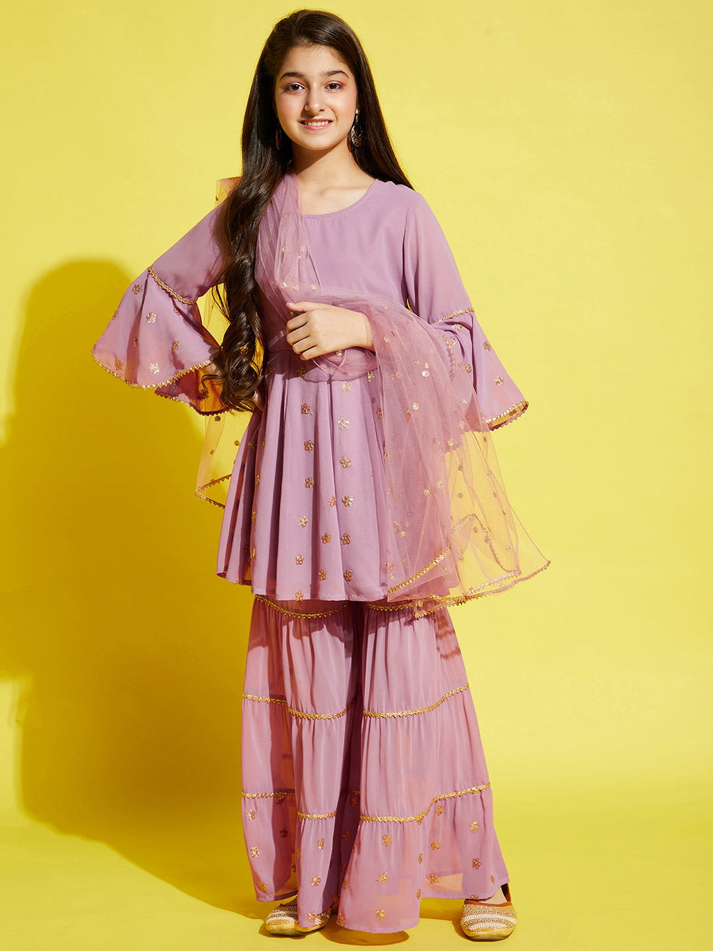 Girls Pink Ethnic Motifs Embroidered Empire Kurta with Sharara & Dupatta