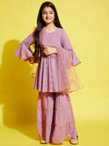 Girls Pink Ethnic Motifs Embroidered Empire Kurta with Sharara & Dupatta