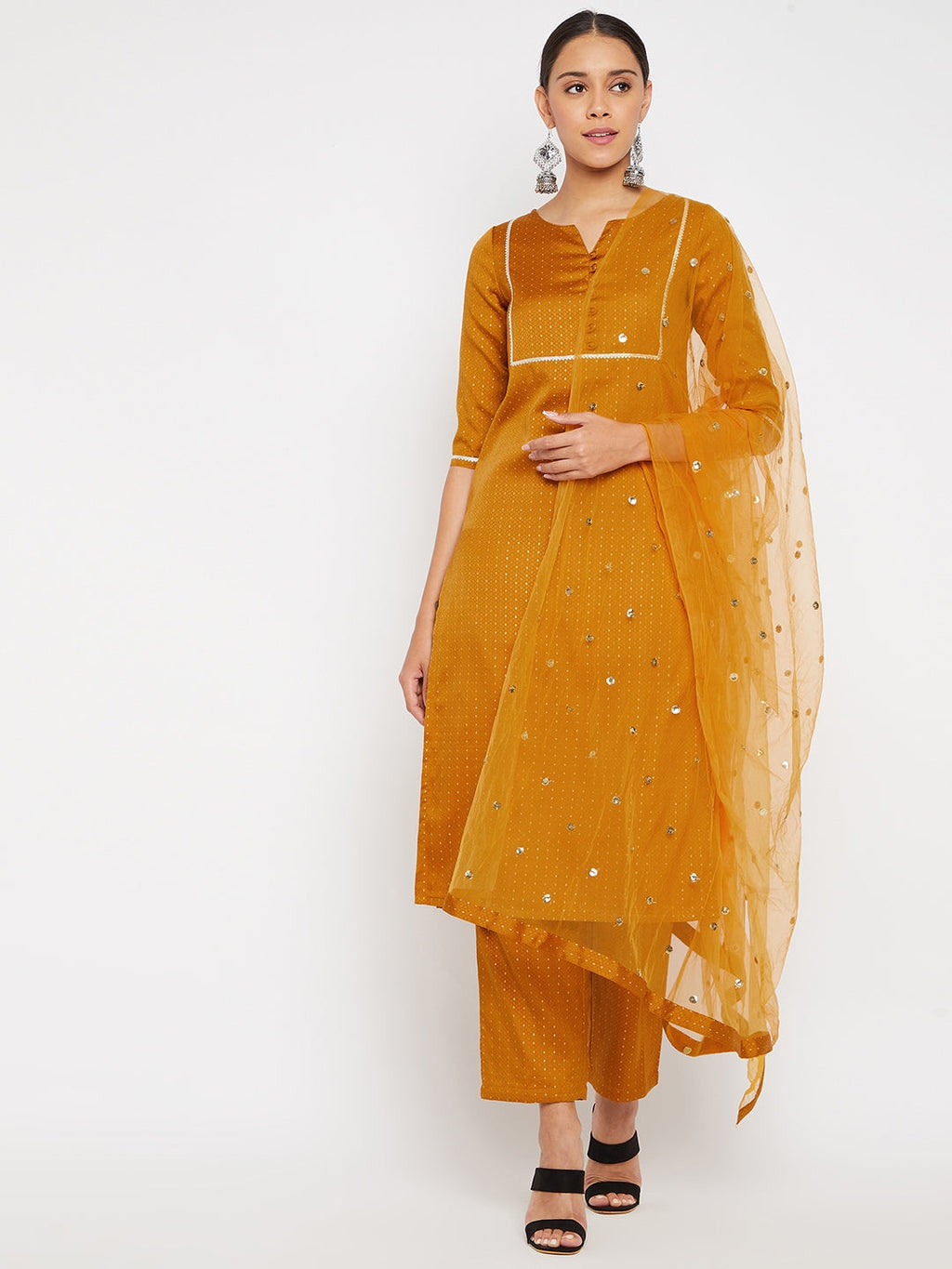 Women Mustard Blue Sequin Straight Kurta Set with Dupatta