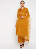 Women Mustard Blue Sequin Straight Kurta Set with Dupatta