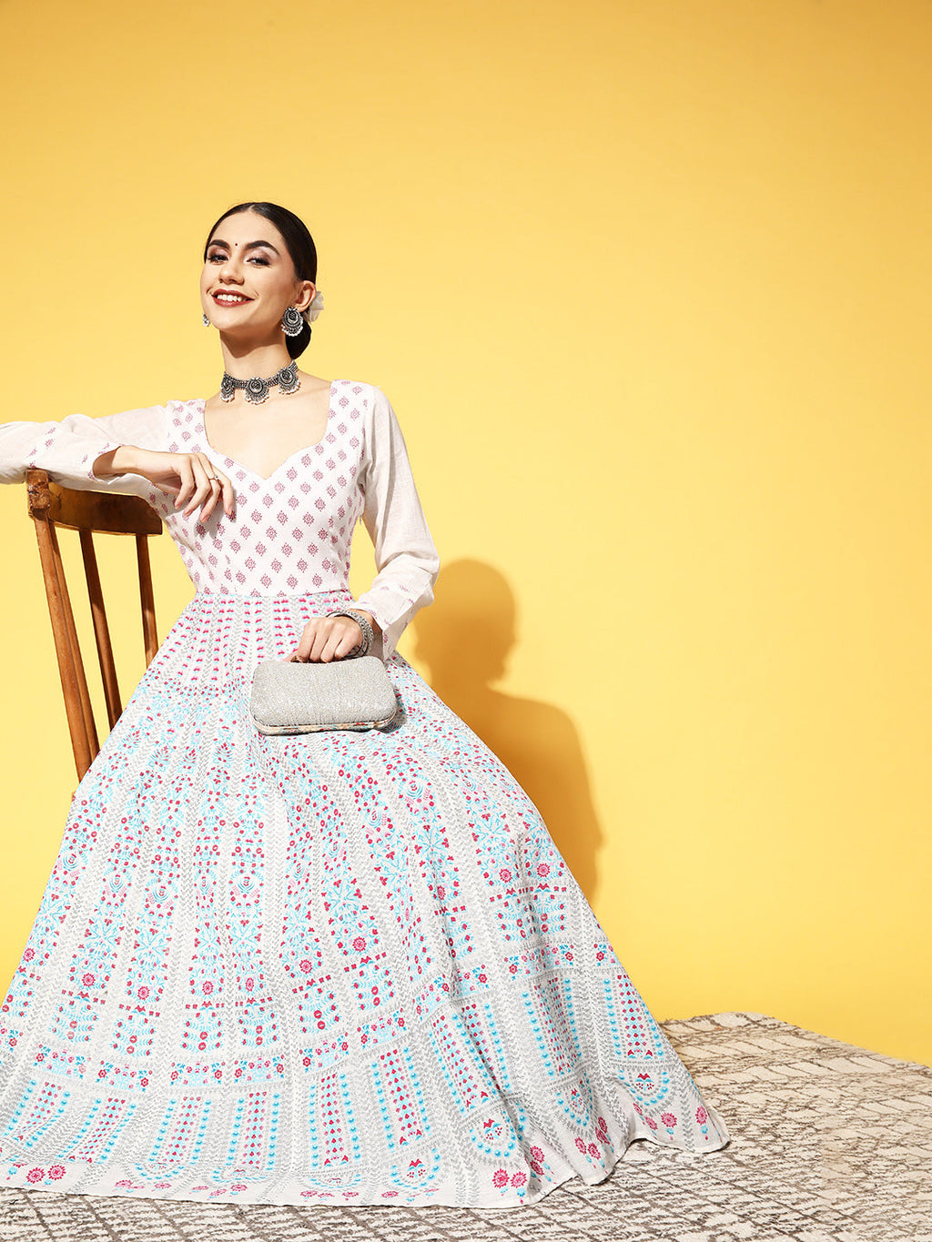 PANIT White Ethnic Motifs Swirling Volume Dress