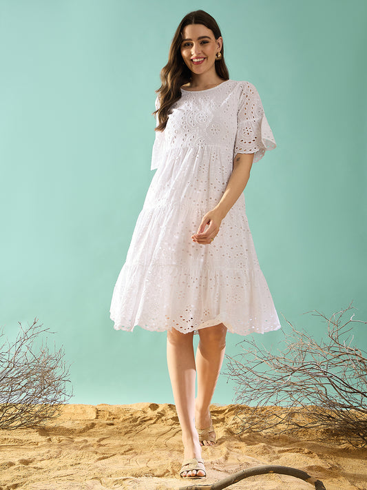 White schiffli tiered A-Line Dress