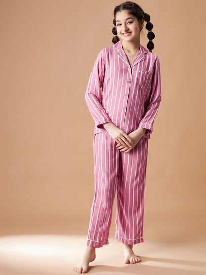 Girls Pink Striped Shorts Night Suit Sets