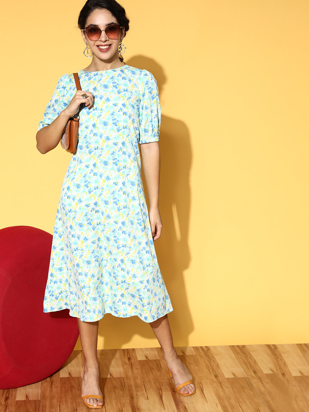 PANIT White  Blue Floral Printed Styled Back A-Line Midi Dress