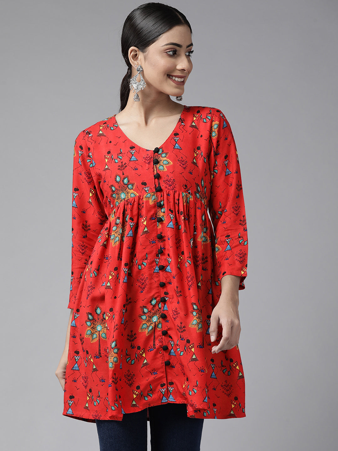 PANIT Women Red  Black Tribal Printed V-Neck Pleated Kurti