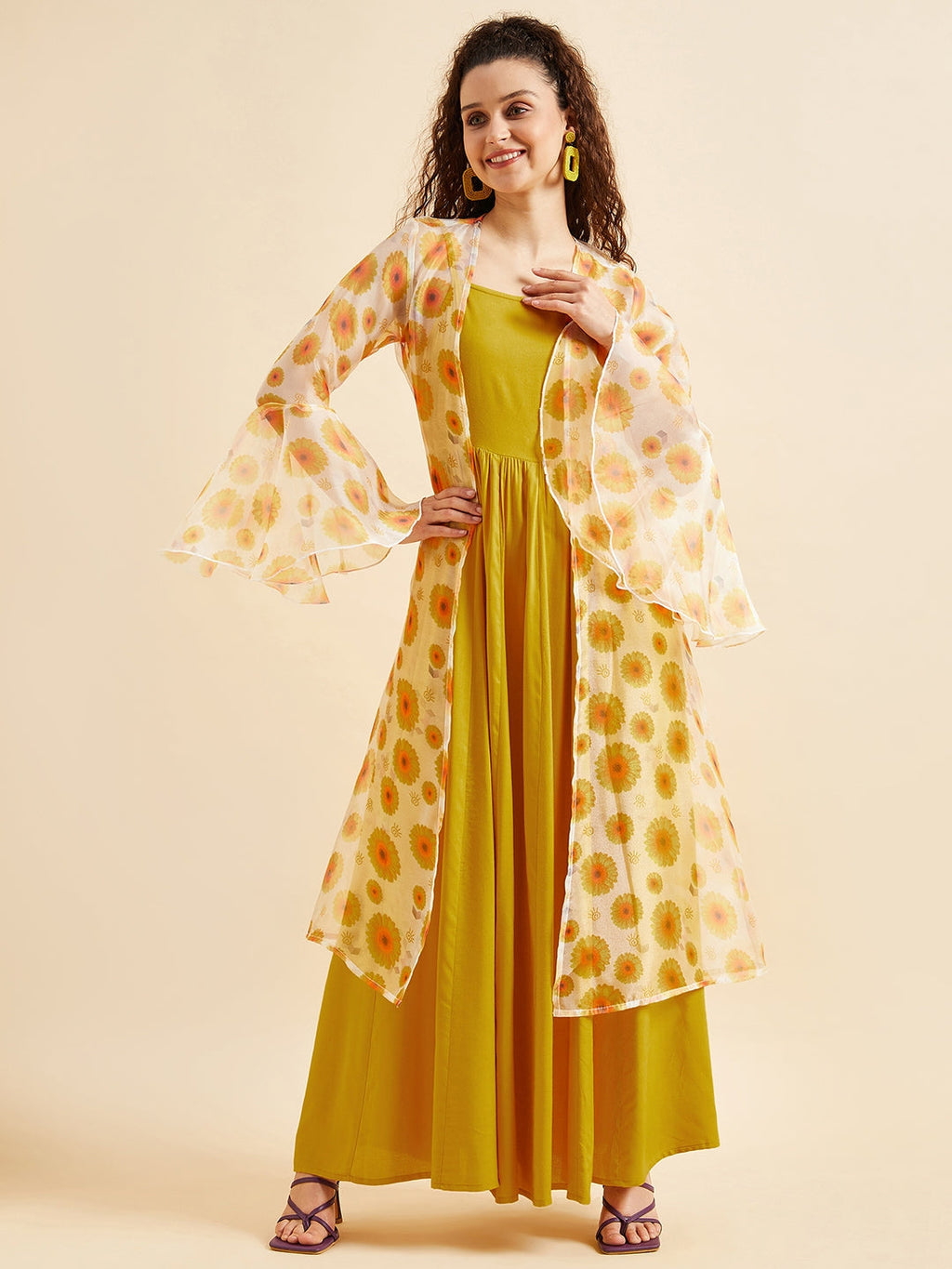 Shoulder Straps Fit & Flare Maxi Ethnic Dress With Printed Shrug