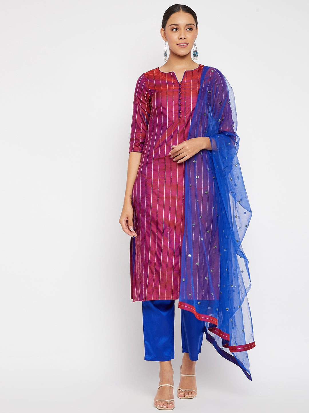 Women Purple Blue Sequin Straight Kurta Set with Dupatta