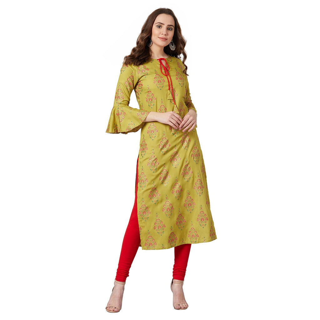 Women Mustard Yellow Printed A-Line Kurta