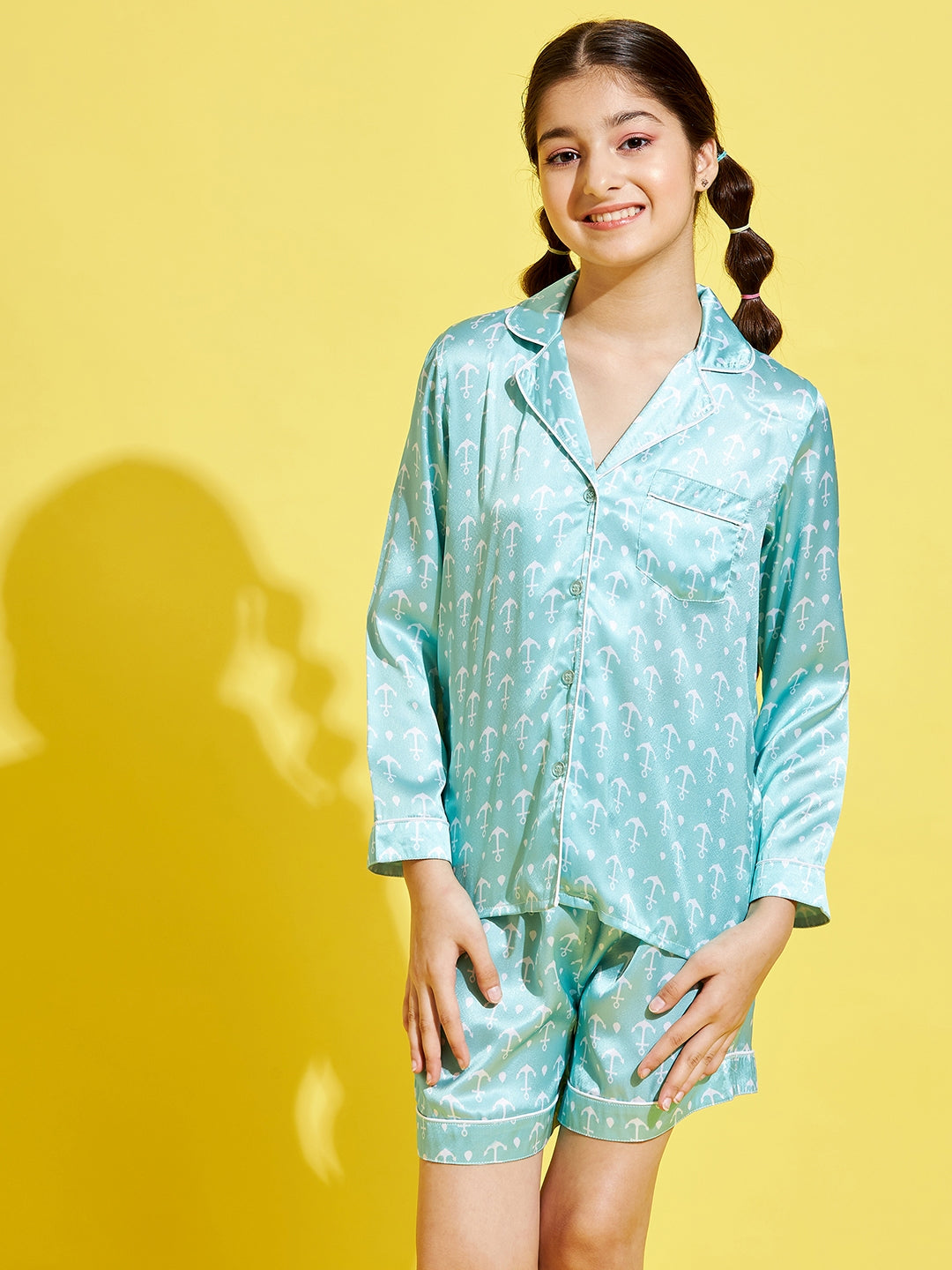 Cherry Jerry Girls Turquoise Blue White Printed Nightsuit