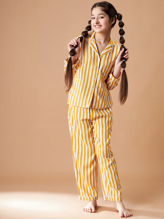 Girls Yellow Striped Cotton Night Suit Set