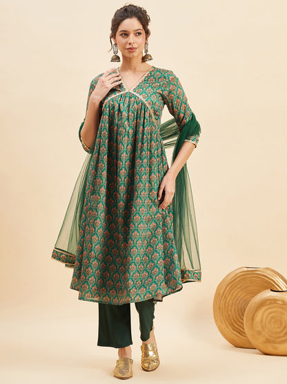 Ethnic Printed Anarkali Kurta With Trousers & Dupatta