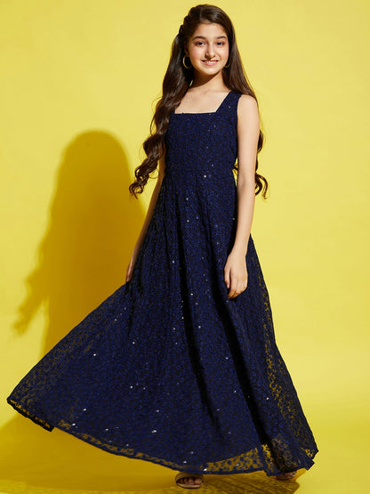 Navy Blue Floral Embroidered Ethnic Maxi Dress