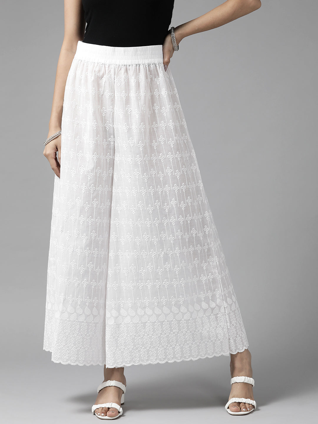 Women White Floral Embroidered Cotton Palazzos