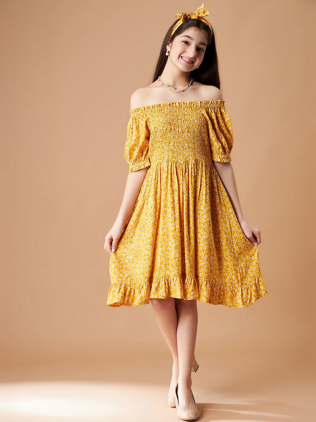 Girls Floral Print Off-Shoulder Puff Sleeve Fit  Flare Dress
