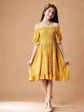Girls Floral Print Off-Shoulder Puff Sleeve Fit  Flare Dress