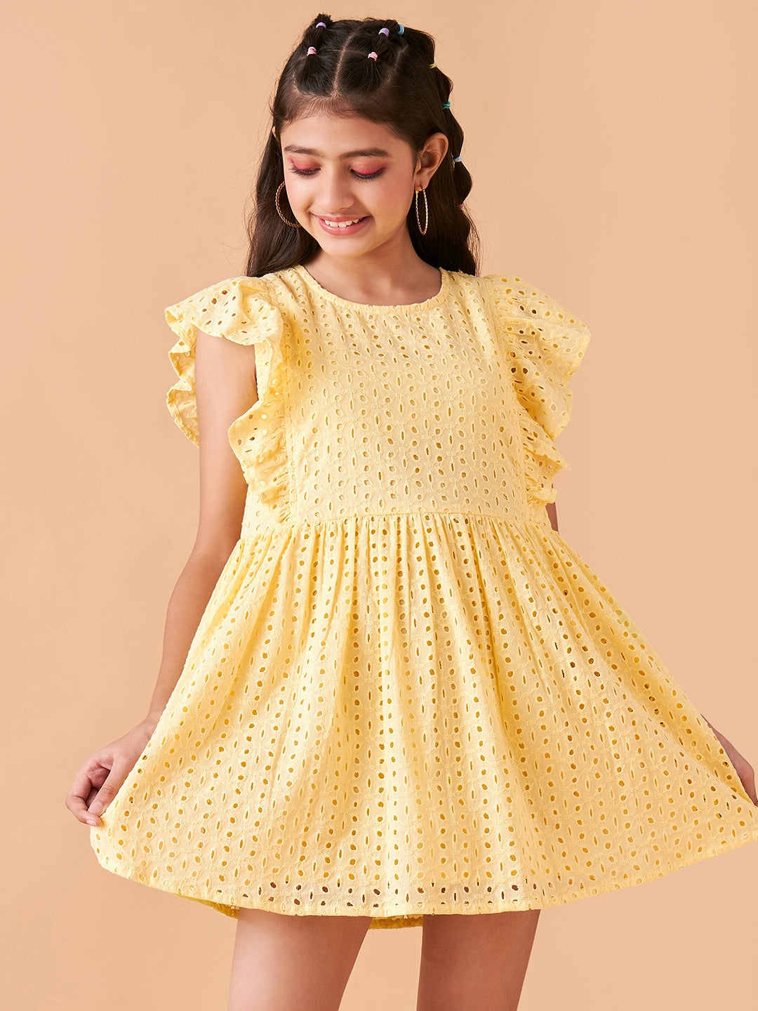 Girls Self Design Flutter Sleeve Cotton Fit & Flare Dress