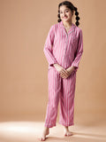 Girls Pink Striped Cotton Night Suit Set