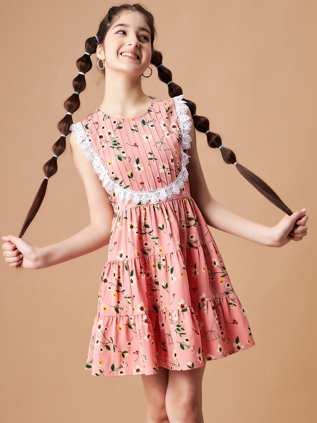 Girls Peach Floral Printed Crepe Fit & Flare Dress