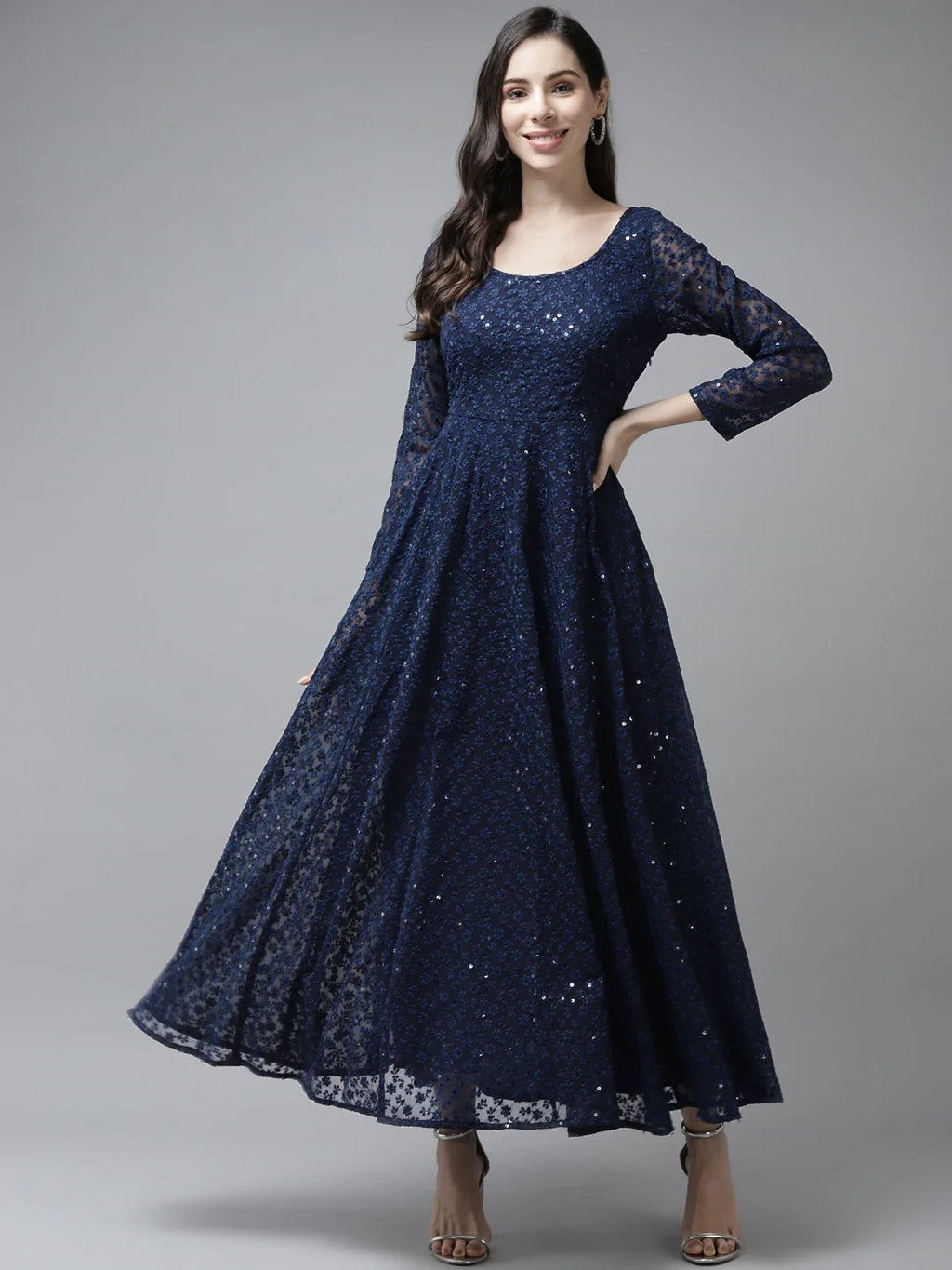 PANIT Women Navy Blue Ethnic Motifs Embroidered Ethnic Maxi Dress